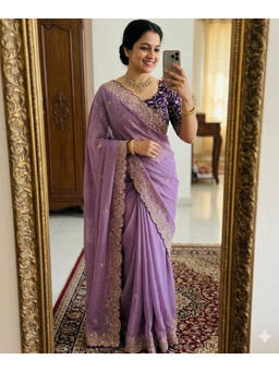 Mirraw - Lavender Embroidered Georgette Saree with Unstitched Blouse