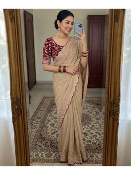 Mirraw - Beige Georgette Embroidered Saree with Unstitched Blouse