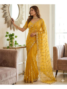 Mirraw - Yellow Silk Blend Embellished Saree with Unstitched Blouse