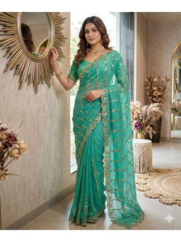 Mirraw - Sky Blue Silk Blend Embroidered Sequins Saree with Unstitched Blouse