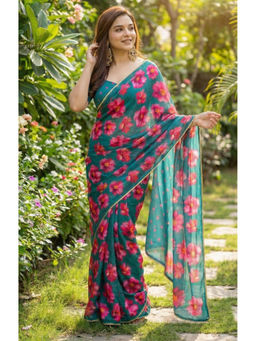 Mirraw - Teal Floral Georgette Saree with Unstitched Blouse