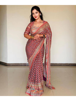 Mirraw - Red Silk Blend Abstract Printed Saree with Unstitched Blouse