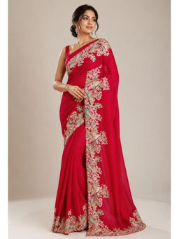 Mirraw - Red Silk Blend Embroidered Saree with Unstitched Blouse
