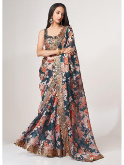 Mirraw - Teal Organza Floral Sequins Saree with Unstitched Blouse