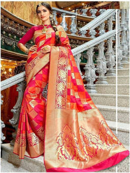 Mirraw - Pink Zari Woven Silk Blend Woven Saree with Unstitched Blouse