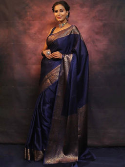 Mirraw - Royal Navy Blue Banarasi Silk Blend Woven Saree with Unstitched Blouse