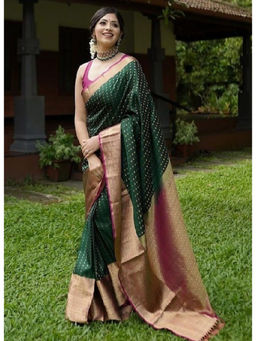 Mirraw - Dark Green Traditional Silk Blend Woven Saree with Unstitched Blouse