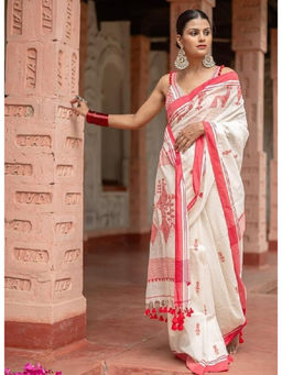 Mirraw - White Silk Blend Woven Saree with Unstitched Blouse