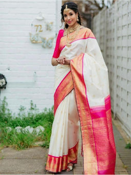 Mirraw - White Silk Blend Woven Saree with Unstitched Blouse