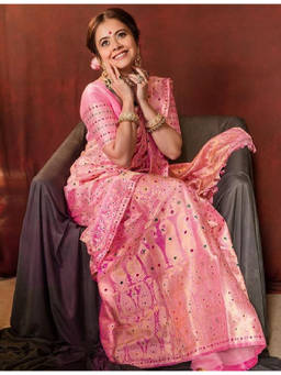 Mirraw - Baby Pink Silk Woven Saree with Unstitched Blouse