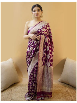 Mirraw - Purple Woven Silk Blend Woven Saree with Unstitched Blouse