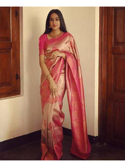 Mirraw - Peach Pink Silk Blend Woven Saree with Unstitched Blouse