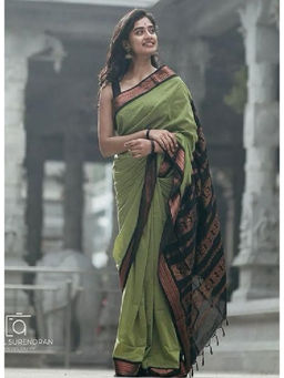 Mirraw - Olive Green Traditional Silk Blend Woven Saree with Unstitched Blouse
