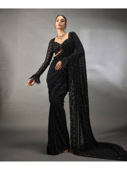 Mirraw - Black Georgette Embroidered Saree with Unstitched Blouse