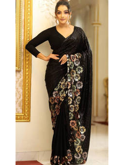 Mirraw - Black Floral Embroidered Saree with Unstitched Blouse