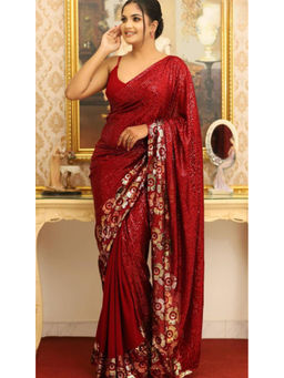 Mirraw - Red Sequin Embellished Saree with Unstitched Blouse