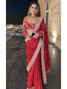 Mirraw - Red Georgette Sequin Saree with Unstitched Blouse