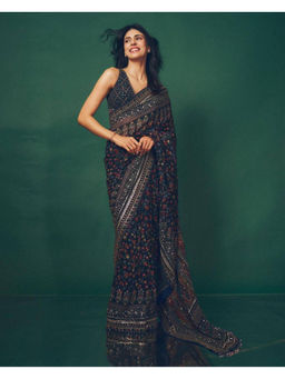 Mirraw - Navy Blue Embroidered Saree with Unstitched Blouse