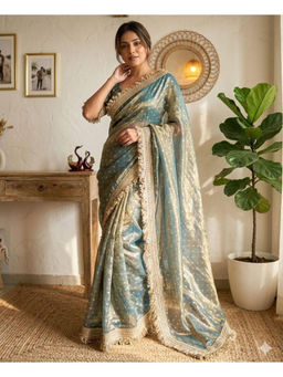 Mirraw - Sage Green Silk Blend Embroidered Saree with Unstitched Blouse