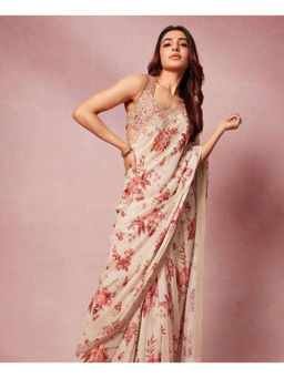 Mirraw - Pink Floral Embroidered Saree with Unstitched Blouse