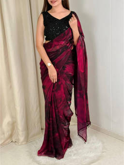 Mirraw - Maroon Floral Printed Saree with Unstitched Blouse