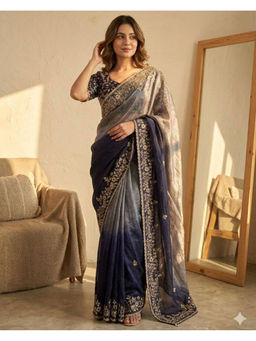 Mirraw - Blue Ombre Embroidered Saree with Unstitched Blouse