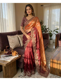 Mirraw - Maroon Dual Tone Silk Embroidered Saree with Unstitched Blouse