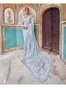 Mirraw - Grey Embroidered Georgette Saree with Unstitched Blouse