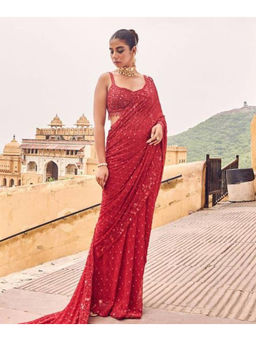 Mirraw - Red Sequin Embroidered Designer Saree with Unstitched Blouse