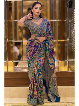 Mirraw - Blue Silk Blend Embroidered Saree with Unstitched Blouse