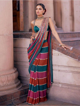 Mirraw - Multicolor Sequins Embroidered Saree with Unstitched Blouse