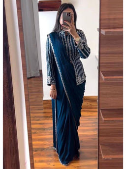 Mirraw - Teal Blue Ready-To-Wear Embroidered Jacket Saree with Unstitched Blouse