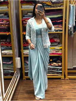 Mirraw - Sky Blue Embroidered Ready Made Saree with Unstitched Blouse