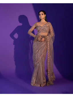 Mirraw - Beige Net Sequin Stripe Saree with Unstitched Blouse