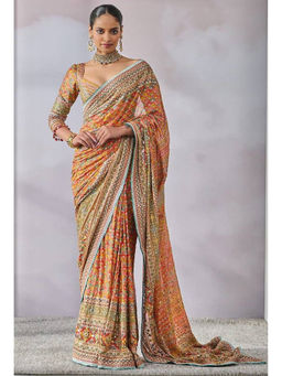 Mirraw - Mustard Geometric Embroidered Saree with Unstitched Blouse