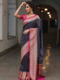 Mirraw - Navy Blue Silk Blend Woven Saree with Unstitched Blouse