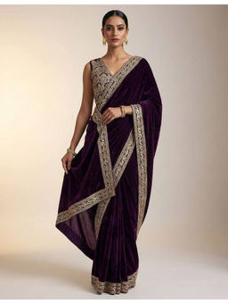 Mirraw - Wine Velvet Embroidered Saree with Unstitched Blouse