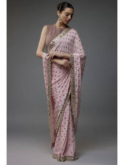 Mirraw - Dusty Pink Embroidered Mirror Work Saree with Unstitched Blouse