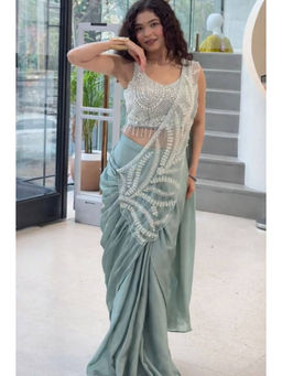 Mirraw - Pastel Green Ready-To-Wear Embroidered Saree with Unstitched Blouse