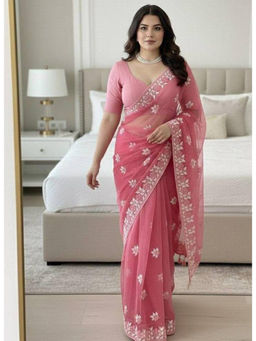 Mirraw - Rose Pink Embroidered Net Saree with Unstitched Blouse