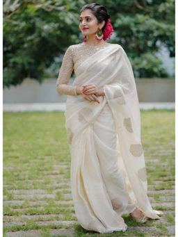 Mirraw - Off White Linen Embroidered Saree with Unstitched Blouse