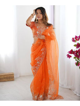 Mirraw - Orange Organza Embroidered Saree with Unstitched Blouse