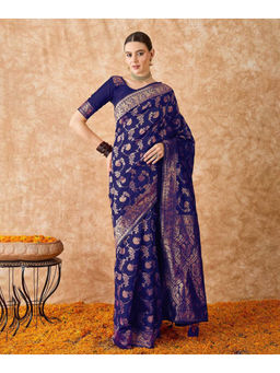 Mirraw - Blue Art Silk Woven Design Saree with Unstitched Blouse