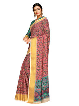 Mirraw - Pink Printed Pure Polyester Saree with Unstitched Blouse