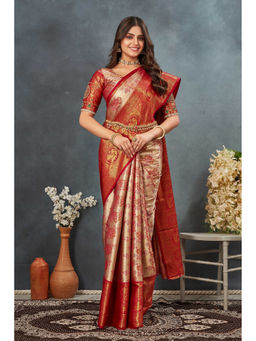 Tankori - Dharmavaram Silk Pattu Red Saree with Unstitched Blouse