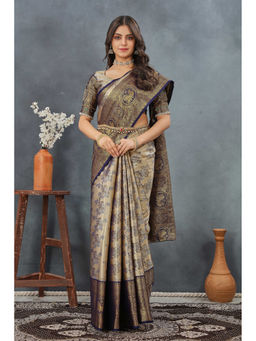 Tankori - Dharmavaram Silk Pattu Navy Blue Saree with Unstitched Blouse