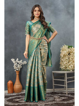 Tankori - Dharmavaram Silk Pattu Teal Saree with Unstitched Blouse