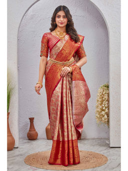 Tankori - Red Woven Design Zari Silk Blend Saree with Unstitched Blouse