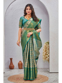 Tankori - Teal Woven Design Zari Silk Blend Saree with Unstitched Blouse