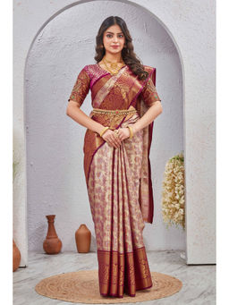 Tankori - Magenta Woven Design Zari Silk Blend Saree with Unstitched Blouse
